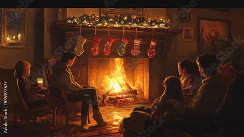 Cozy Family Gathered Around a Winter Fireplace