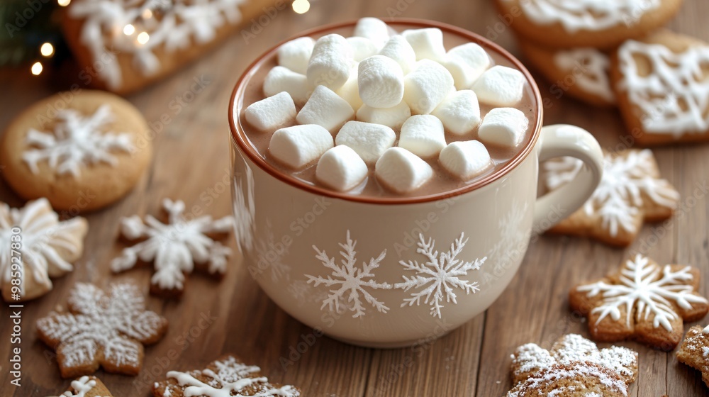 Fototapeta premium Warm Drink with Marshmallows and Holiday Cookies