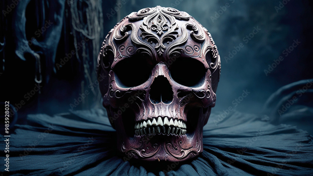 A dark, gothic skull with intricate details, hauntingly beautiful in its unique and diverse design A dark, gothic skull with intricate details, hauntingly beautiful in its unique and diverse design