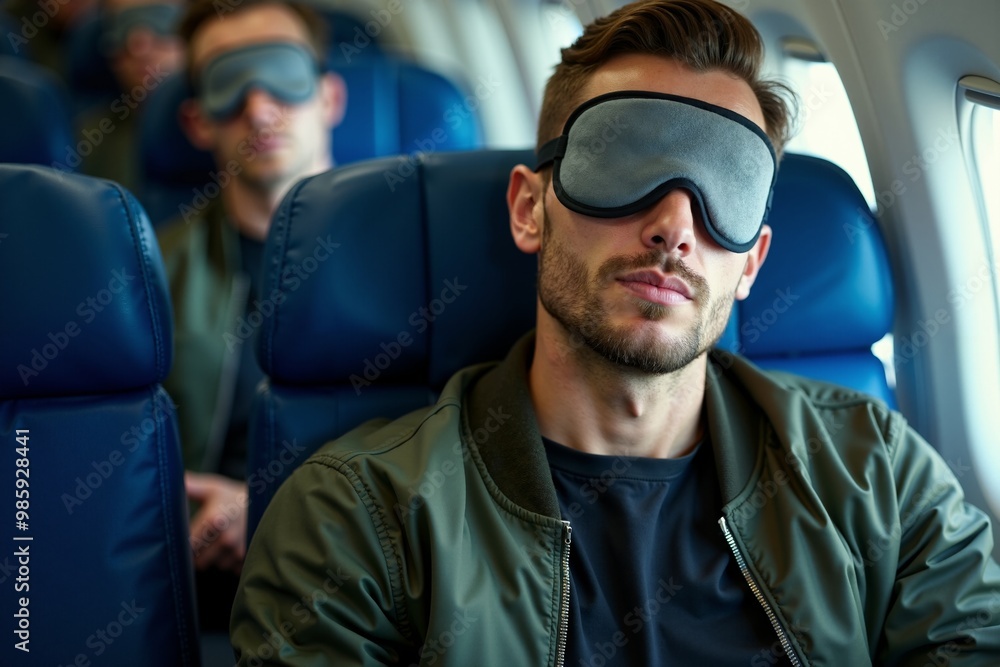 person sitting relax with blindfold and window plane in background, generative AI person sitting relax with blindfold and window plane in background, generative AI