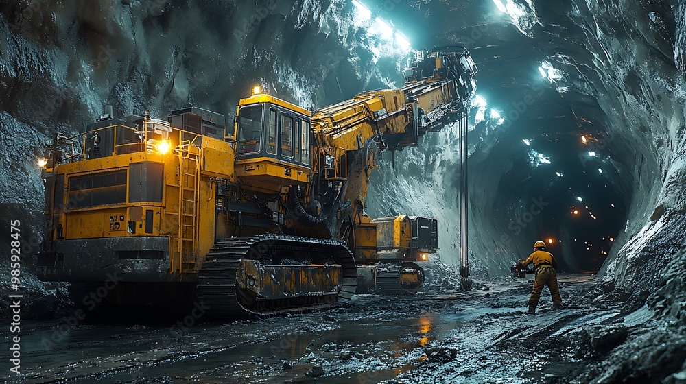 A large yellow construction vehicle drills a tunnel. A large yellow construction vehicle drills a tunnel.