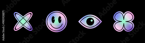 Holographic vector stickers set with symbols and objects in Y2K style. The hologram tags have distinct shapes and vibrant reflect—holographic futuristic emblems and labels.
