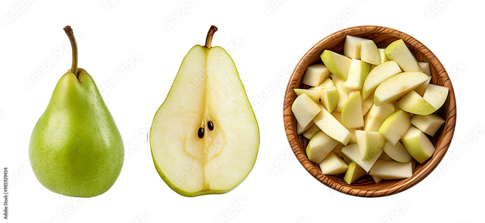 Pears whole halved and diced in a wooden bowl on a transparent background Pears whole halved and diced in a wooden bowl on a transparent background