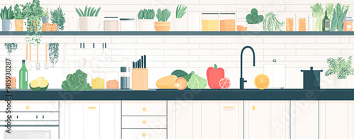 Modern Kitchen with Fresh Produce and Green Plants