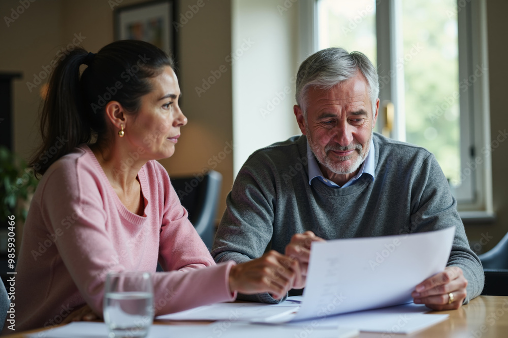 elder man with woman discussing holding paper at room, generative AI elder man with woman discussing holding paper at room, generative AI