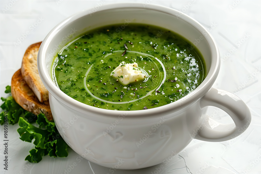 Sorrel soup with cream cheese toast soup in a white ceramic bowl Sorrel soup with cream cheese toast soup in a white ceramic bowl