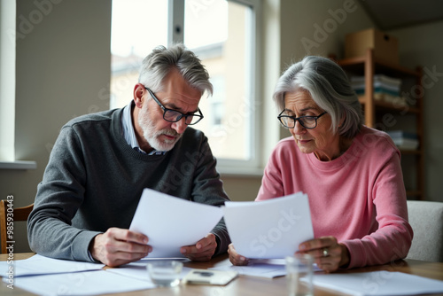 elder man with woman discussing holding paper at room, generative AI