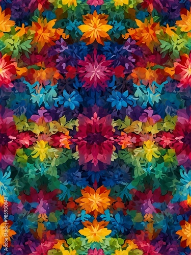 Contemporary kaleidoscope with a seamless rainbow floral pattern.