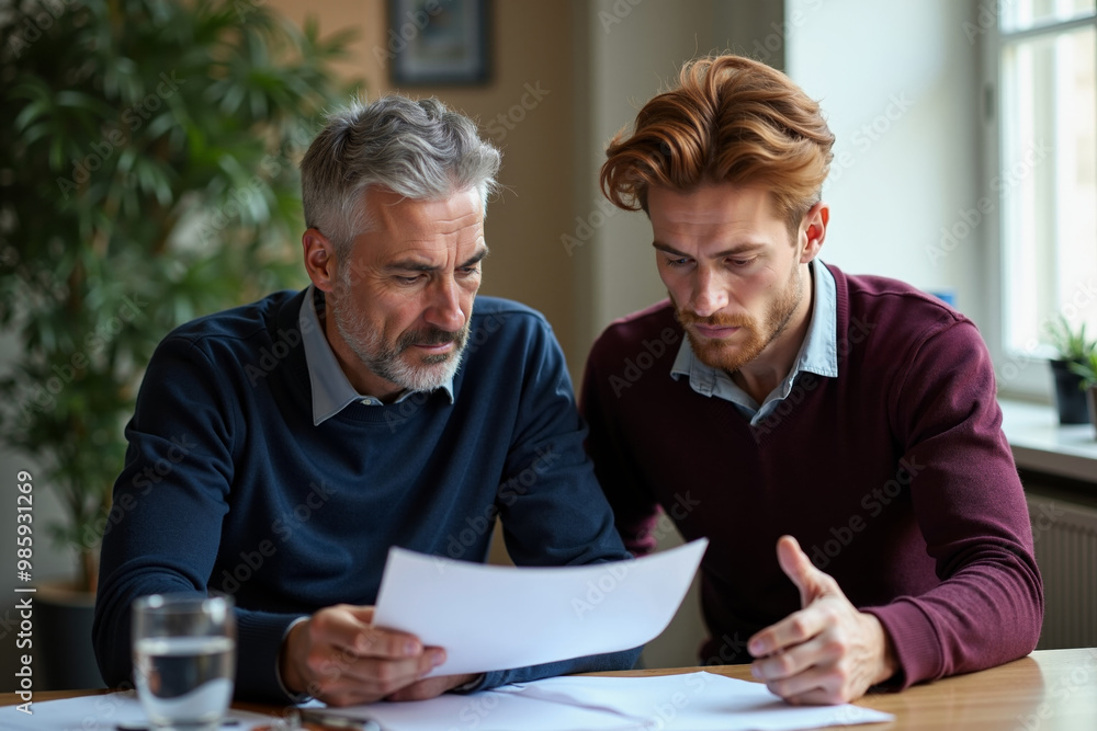 elder man with man discussing holding paper at room, generative AI elder man with man discussing holding paper at room, generative AI
