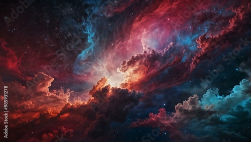 Cosmic background featuring swirling clouds in pink, red, and blue.