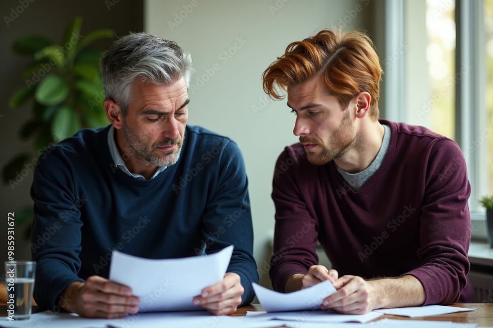 elder man with man discussing holding paper at room, generative AI elder man with man discussing holding paper at room, generative AI