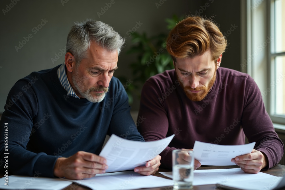 elder man with man discussing holding paper at room, generative AI elder man with man discussing holding paper at room, generative AI