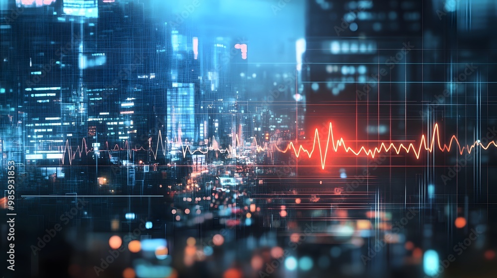 Red Heartbeat Pulse Over Night Cityscape with Grid Overlay Red Heartbeat Pulse Over Night Cityscape with Grid Overlay