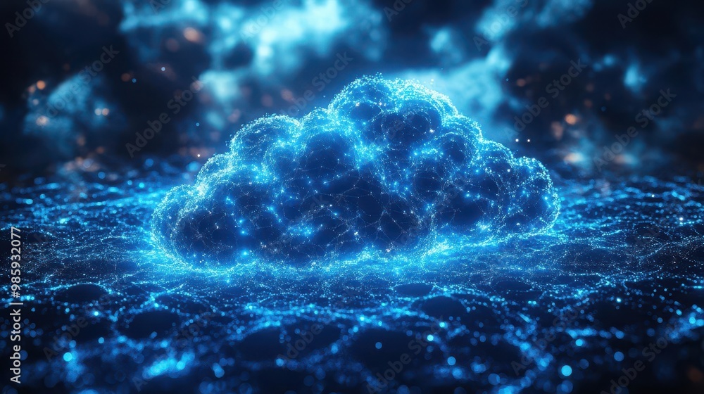 futuristic cloud computing glowing network of interconnected nodes forming cloud shape dark background neon blue light trails concept of data flow and connectivity futuristic cloud computing glowing network of interconnected nodes forming cloud shape dark background neon blue light trails concept of data flow and connectivity