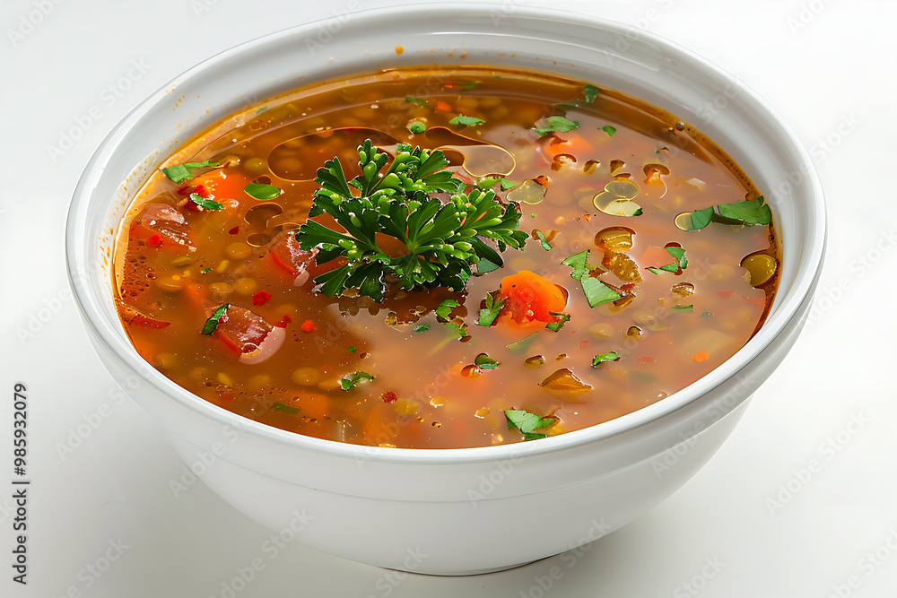 Spiced vegetable soup with lentil in a white ceramic bowl Spiced vegetable soup with lentil in a white ceramic bowl