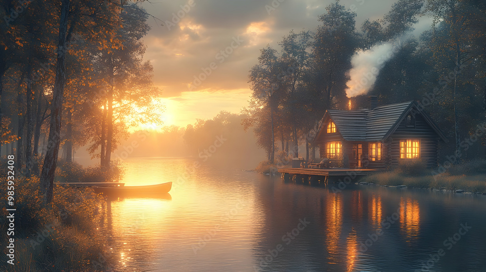Cabin in the Woods at Sunset 3D Illustration Cabin in the Woods at Sunset 3D Illustration
