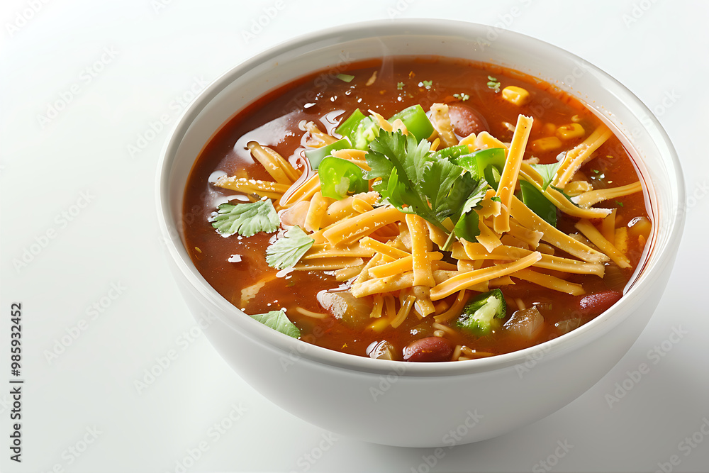 Spicy Mexican tortilla soup in a white ceramic bowl Spicy Mexican tortilla soup in a white ceramic bowl