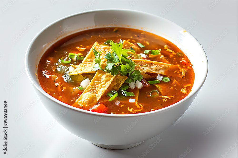 Spicy Mexican tortilla soup in a white ceramic bowl Spicy Mexican tortilla soup in a white ceramic bowl