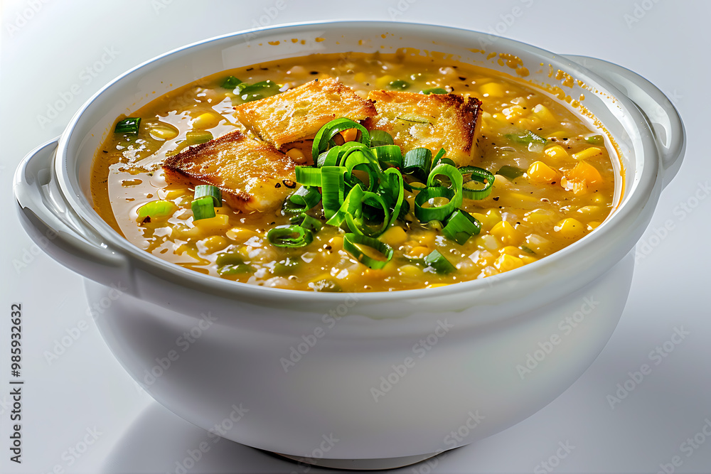 Spicy sweetcorn soup with toasted soup in a white ceramic bowl Spicy sweetcorn soup with toasted soup in a white ceramic bowl