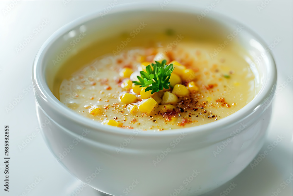 Spicy sweetcorn soup with toasted soup in a white ceramic bowl Spicy sweetcorn soup with toasted soup in a white ceramic bowl