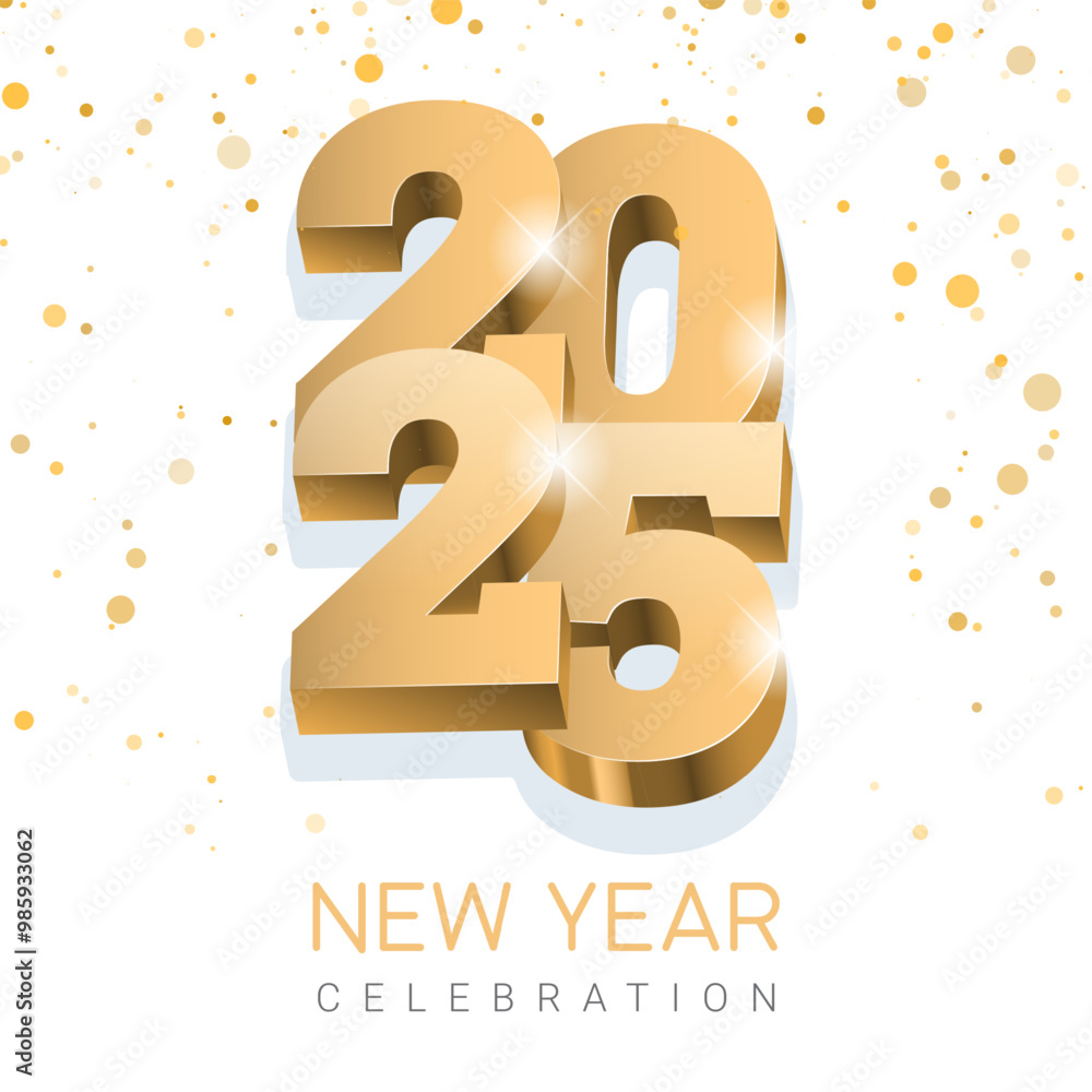 Gold 3D numbers 2025 on shiny confetti background. Design of 2025 lettering with sans serif bold