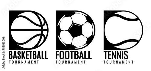 Set of sports icons. Basketball, football or soccer and tennis. Black and white emblems of sports tournament in clear graphic style. Vector illustration