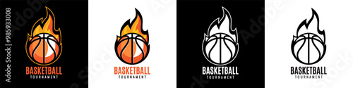 Set of designs for Team of tournament, colorful symbols or emblems. Basketball ball on fire background on a black and white background. Design in a graphic art style. Vector illustration