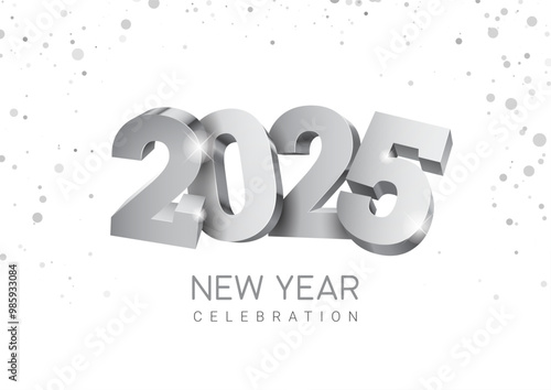 Vector argent text Design 2025. Silver 3d funny numbers. New year 2024 celebrations template greeting card or poster isolated on a white background
