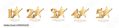 Set of Star Rating Symbols. 3D Golden Signs. Star Rating Emblems. Five Stars. Vector Illustration