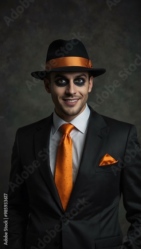 Creative image of a man in a suit celebrating Halloween.