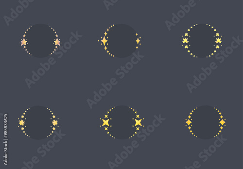 Celestial Circle Six Frames Set Different Stars Golden Cute Magic Glossy Icon Vector Isolated