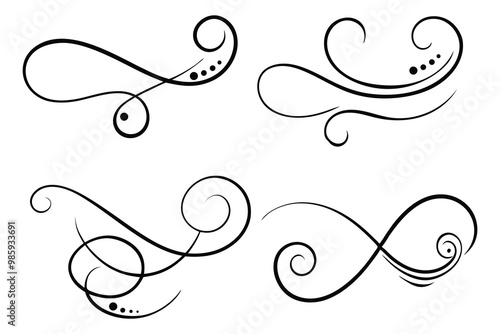 Vintage Filigree Swirls, calligraphy font style Decorative Elements, Text Ornaments curly thin line swings swashes, Flourishes Swirls, text divider, flourish Swirl ornament stroke, scroll design