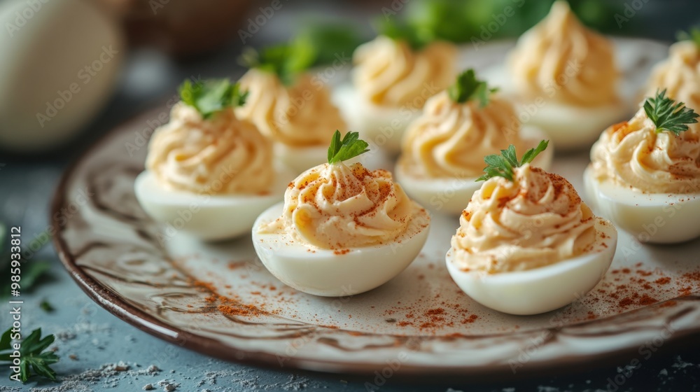 Deviled eggs topped with paprika and parsley on plate Deviled eggs topped with paprika and parsley on plate