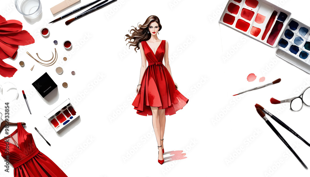 beautiful illustration sketch silhouette model dress digital red watercolor fashion model watercolor vignetting red dress abstract art background beautiful clothes collection concept contour cosmic