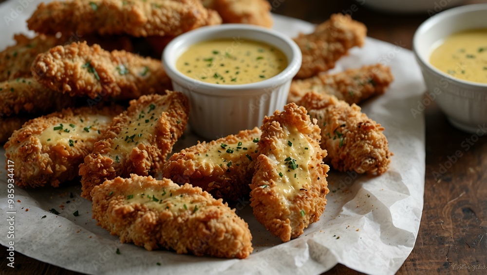 Crispy chicken tenders with mustard dipping sauce. Crispy chicken tenders with mustard dipping sauce.