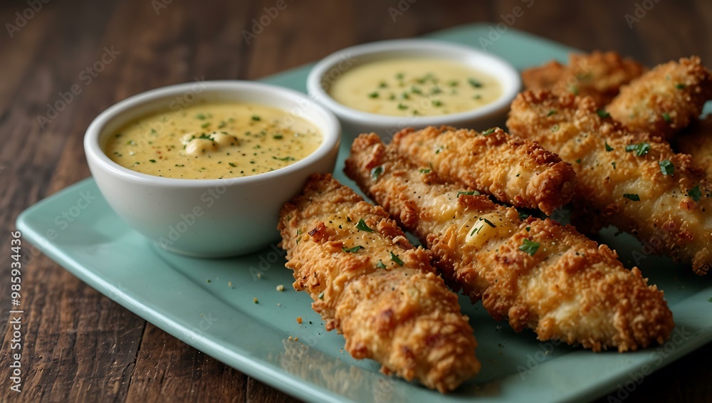 Crispy chicken tenders with mustard dipping sauce. Crispy chicken tenders with mustard dipping sauce.