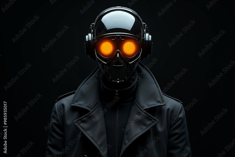 person with helmet, glasses and coat jacket on black background generative AI person with helmet, glasses and coat jacket on black background generative AI