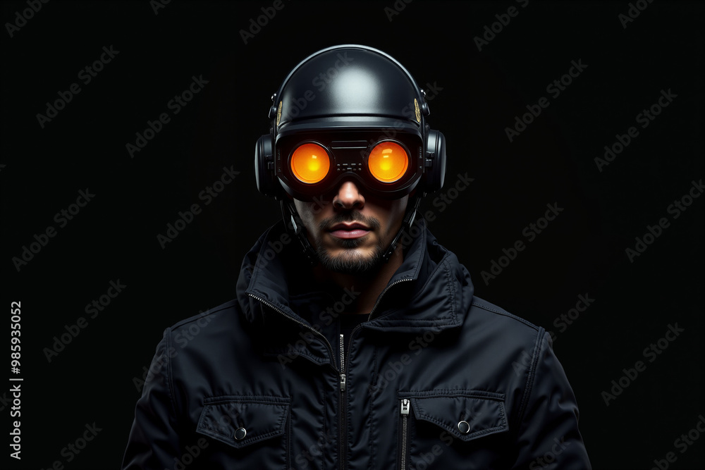person with helmet, glasses and coat jacket on black background generative AI person with helmet, glasses and coat jacket on black background generative AI