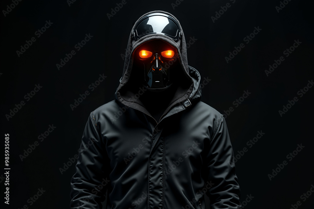 person with helmet, glasses and coat jacket on black background generative AI person with helmet, glasses and coat jacket on black background generative AI