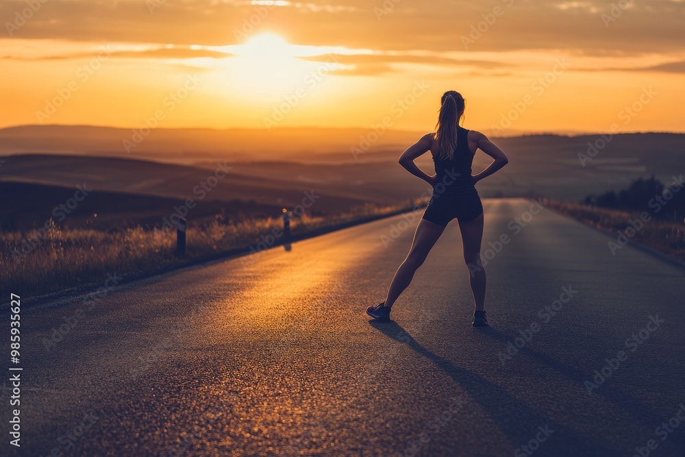 Silhouette of a Woman on a Road at Sunset Silhouette of a Woman on a Road at Sunset