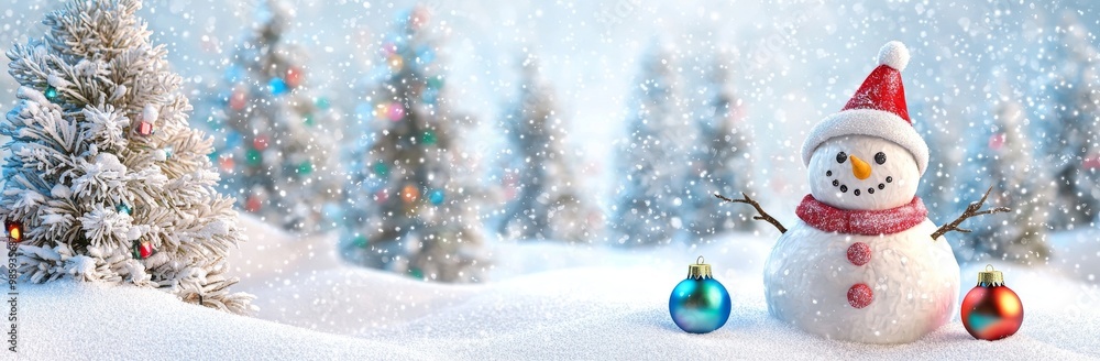 In a winter wonderland with trees and lights, there is a happy snowman In a winter wonderland with trees and lights, there is a happy snowman