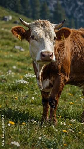 Curious cow gazing in the Alpine meadows.