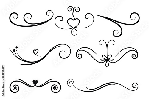 Filigree curly Calligraphic Heart, Fancy Line hearts Flourishes Swirls, curve romantic love separator, Valentine's Day divider flourish Swirl, Calligraphy Flourish lettering header hearts scroll