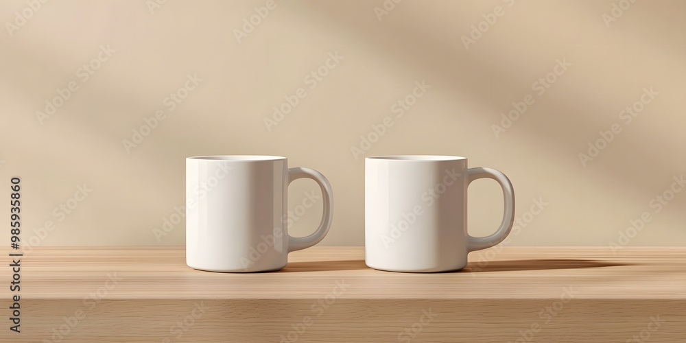 muck-up Two white mugs, sitting on the table, front view, close-up shot, product photography muck-up Two white mugs, sitting on the table, front view, close-up shot, product photography