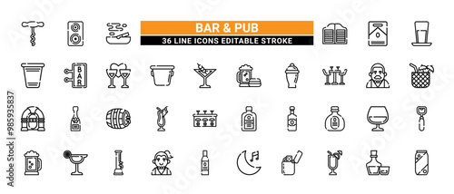 36 Bar and Pub Line Icons Set Pack Editable Stroke Vector Illustration.