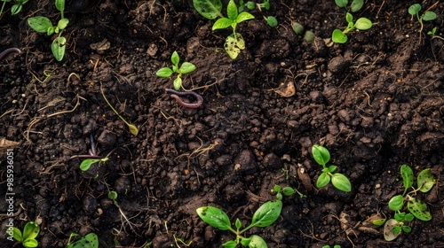 Close-up of Soil with Worms and Seedlings