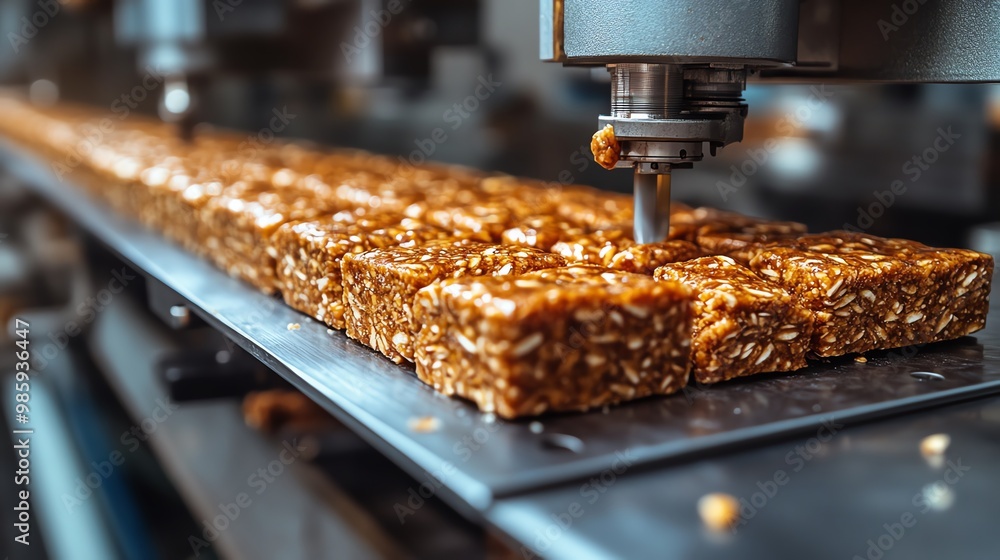 Closeup of a plantbased protein bar being manufactured in an automated line, food innovation, hightech production Closeup of a plantbased protein bar being manufactured in an automated line, food innovation, hightech production