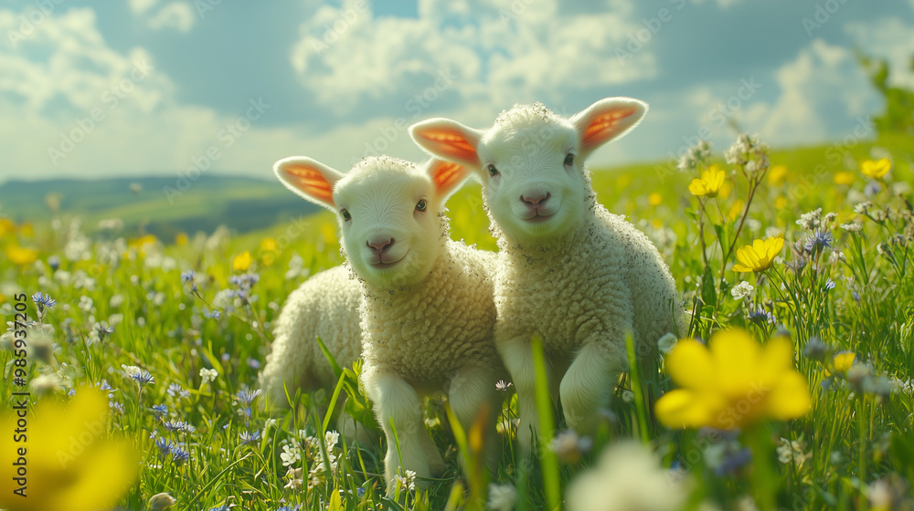 Fototapeta premium Two Adorable Lambs in a Sunny Meadow with Colorful Wildflowers Under a Clear Blue Sky