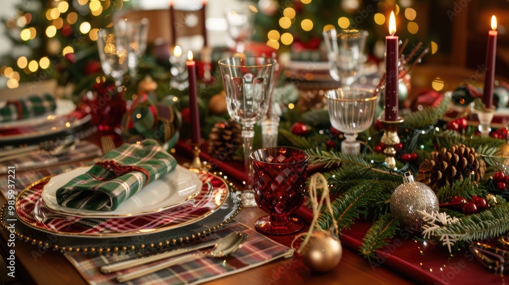 Festive Holiday Table Setting with Candles and Decorations Festive Holiday Table Setting with Candles and Decorations