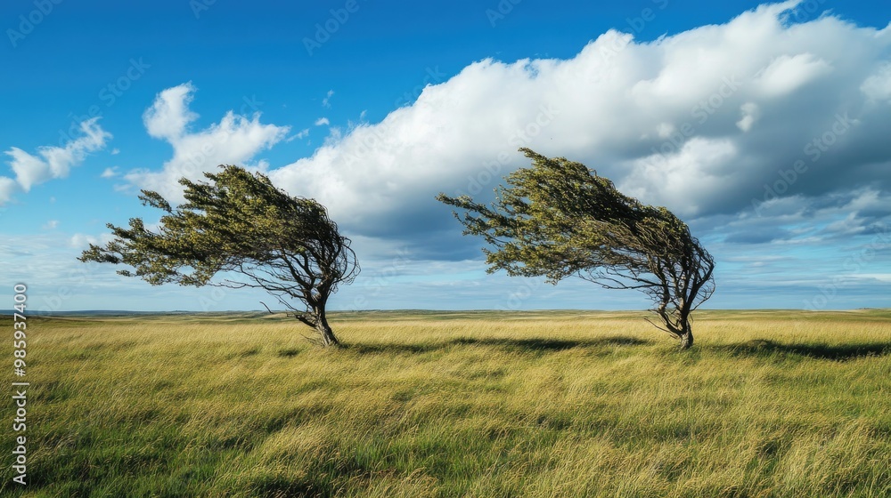 Windy weather: Two trees bent by a strong wind in an open field, illustrating the effects of windy weather on the landscape. Windy weather: Two trees bent by a strong wind in an open field, illustrating the effects of windy weather on the landscape.